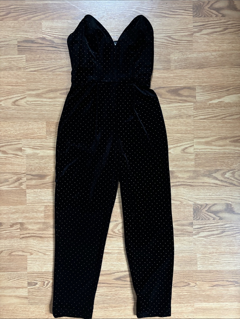 Amanda Uprichard Black Strapless Velvet Jumpsuit with Subtle Stud Detail
